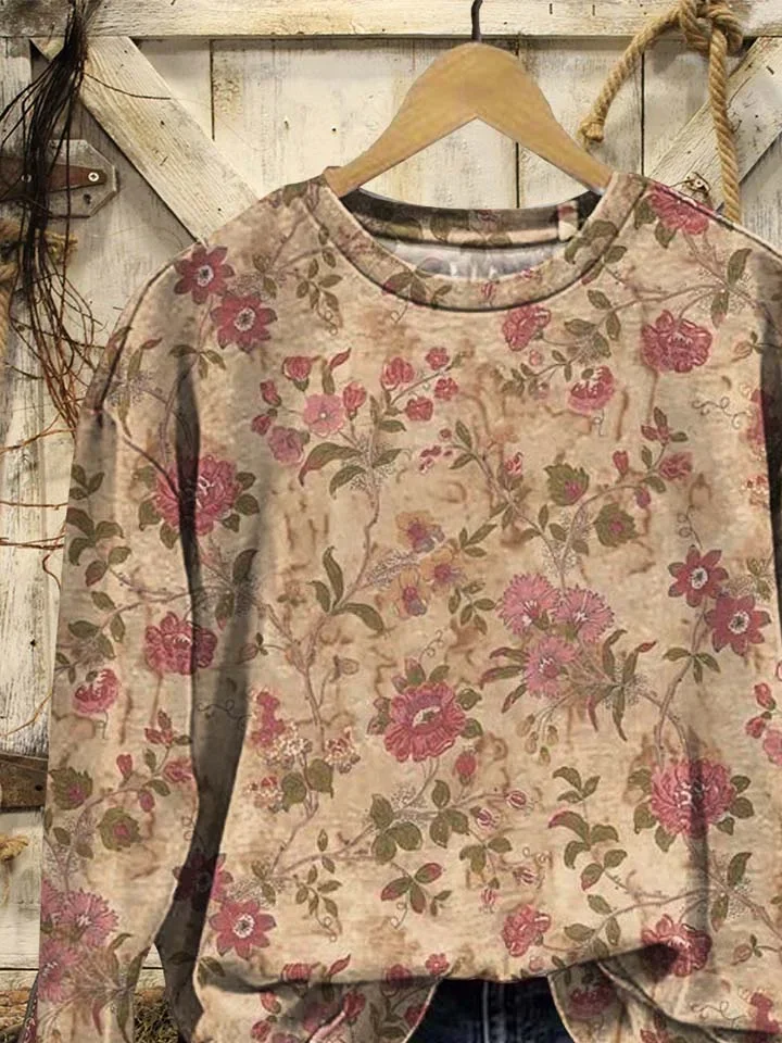 Women Floral Crew Neck Printing Casual Spring/Fall Long Sleeve Sweatshirt