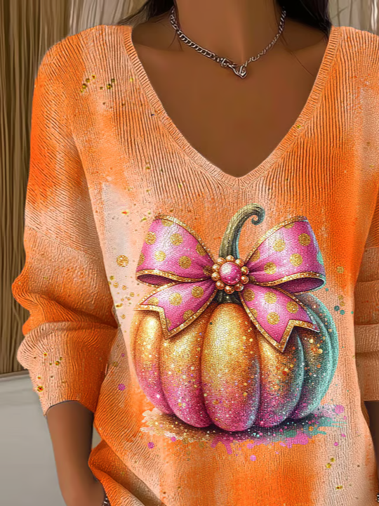 Women Halloween (pumpkin) Long Sleeve Tee T-shirt V Neck Printing Casual Spring/Fall Top