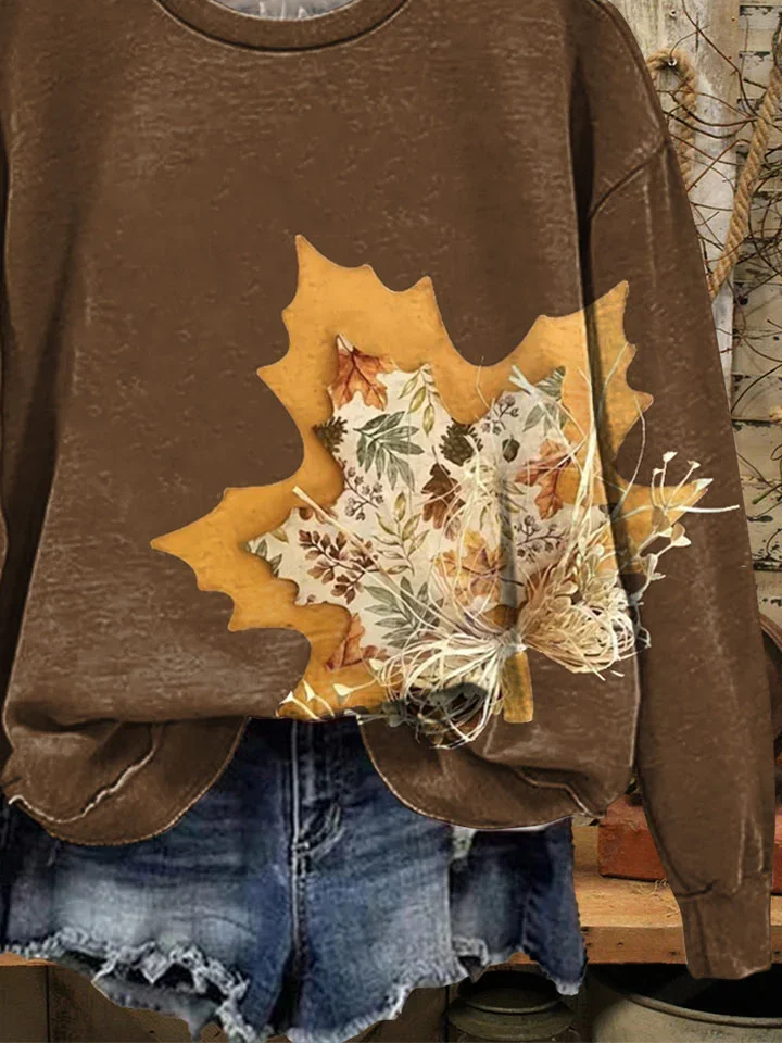 Women Maple Leaf Crew Neck Printing Casual Spring/Fall Long Sleeve Sweatshirt