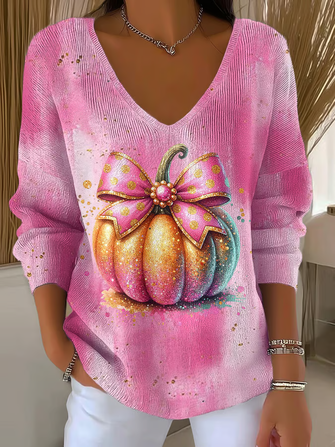 Women Halloween (pumpkin) Long Sleeve Tee T-shirt V Neck Printing Casual Spring/Fall Top