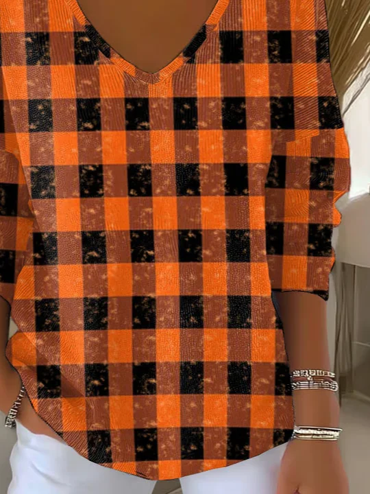 Women Plaid Long Sleeve Tee T-shirt V Neck Printing Casual Spring/Fall Top