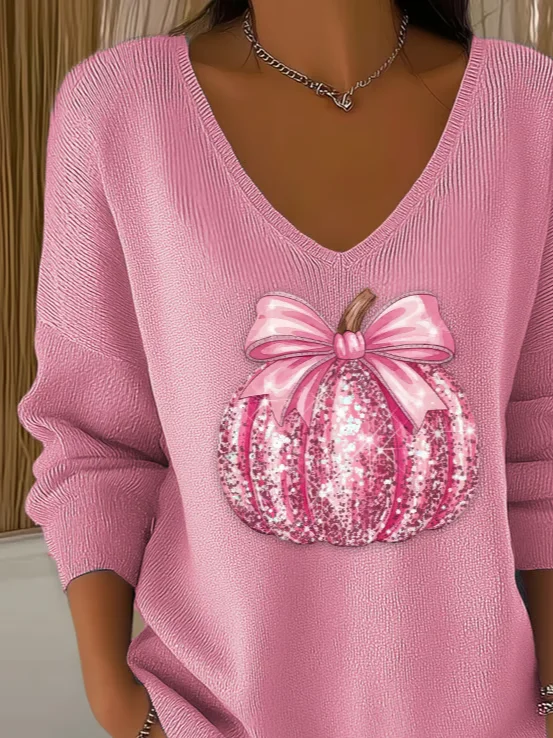 Women Halloween (pumpkin) Long Sleeve Tee T-shirt V Neck Printing Casual Spring/Fall Top