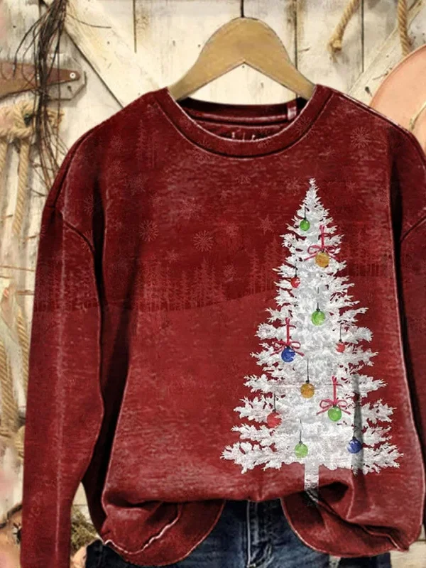 Women Christmas Tree Crew Neck Printing Casual Spring/Fall Long Sleeve Sweatshirt
