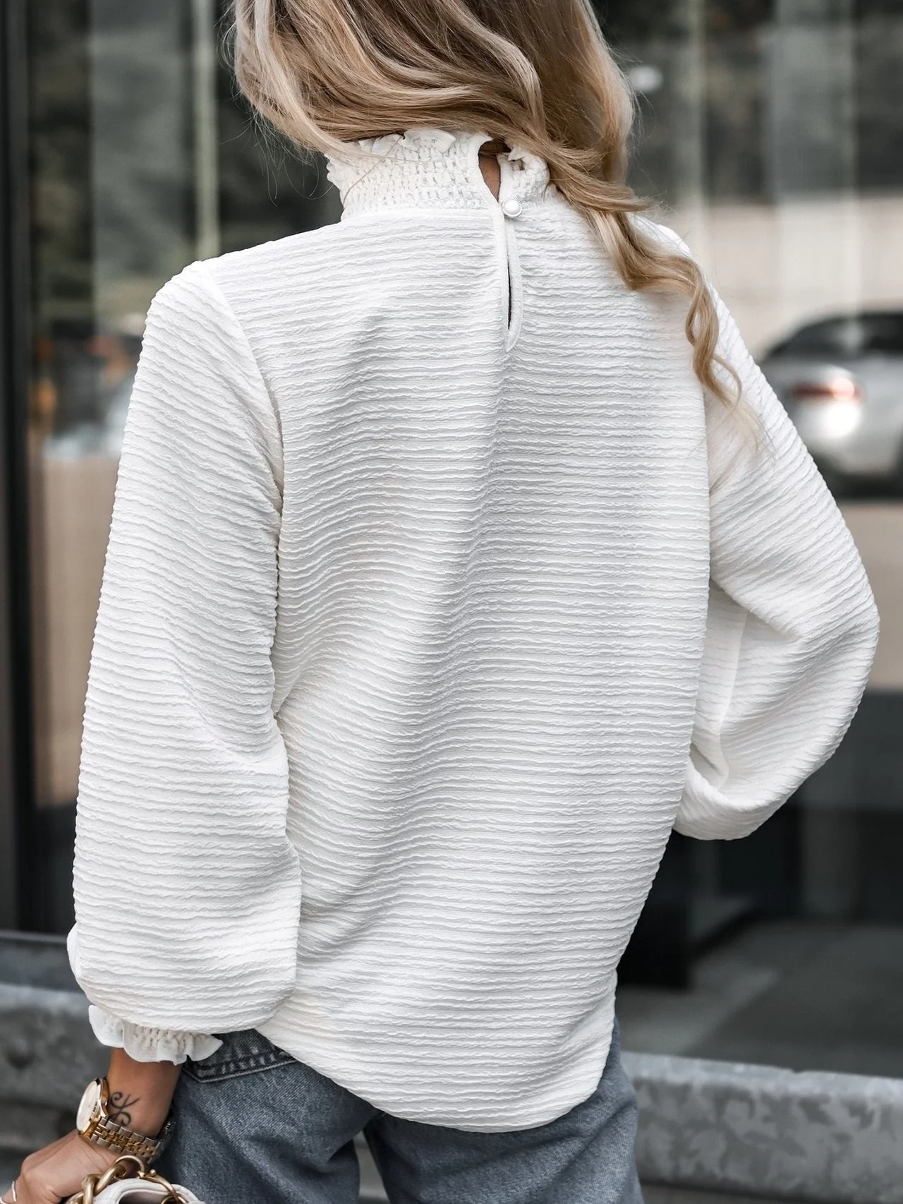 Women Geometric Long Sleeve Tee T-shirt Stand Collar Gathered Vintage Spring/Fall Top