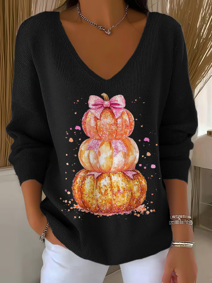 Women Halloween (pumpkin) Long Sleeve Tee T-shirt V Neck Printing Casual Spring/Fall Top