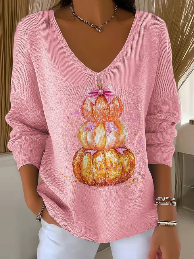 Women Halloween (pumpkin) Long Sleeve Tee T-shirt V Neck Printing Casual Spring/Fall Top