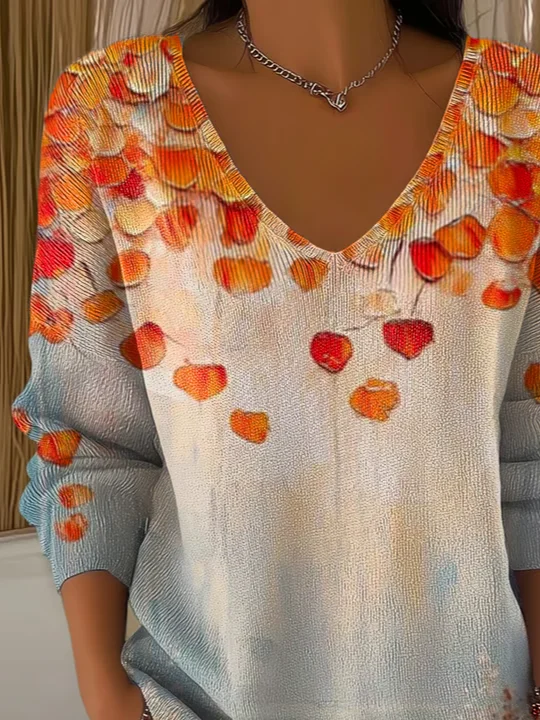 Women Maple Leaf Long Sleeve Tee T-shirt V Neck Printing Casual Spring/Fall Top