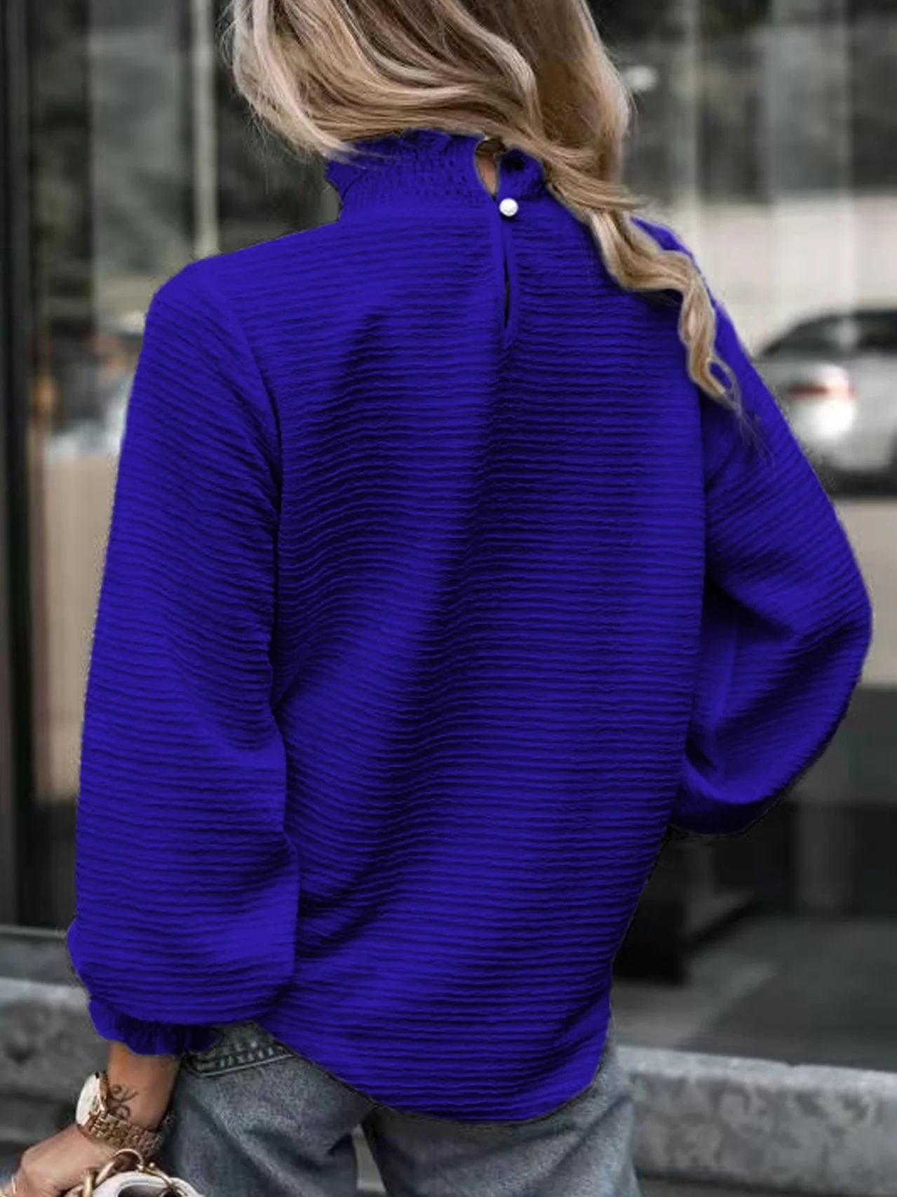 Women Geometric Long Sleeve Tee T-shirt Stand Collar Gathered Vintage Spring/Fall Top