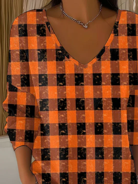 Women Plaid Long Sleeve Tee T-shirt V Neck Printing Casual Spring/Fall Top