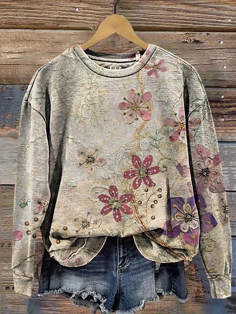 Women Floral Crew Neck Printing Casual Spring/Fall Long Sleeve Sweatshirt