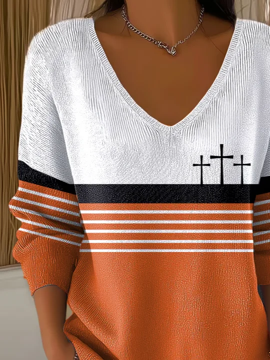 Women Multicolor Block Long Sleeve Tee T-shirt V Neck Printing Casual Spring/Fall Top