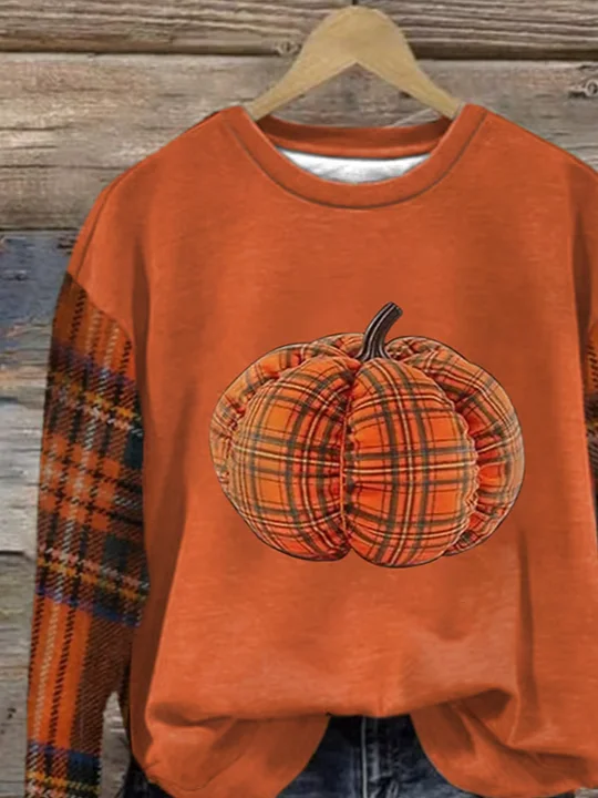 Women Plaid Crew Neck Printing Casual Spring/Fall Long Sleeve Sweatshirt