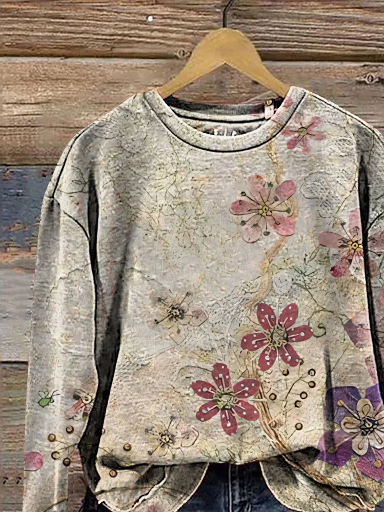 Women Floral Crew Neck Printing Casual Spring/Fall Long Sleeve Sweatshirt