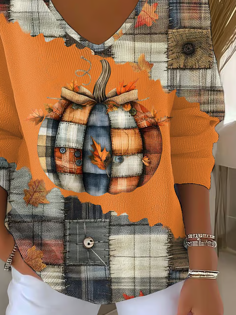 Women Halloween (pumpkin) Long Sleeve Tee T-shirt V Neck Printing Casual Spring/Fall Top