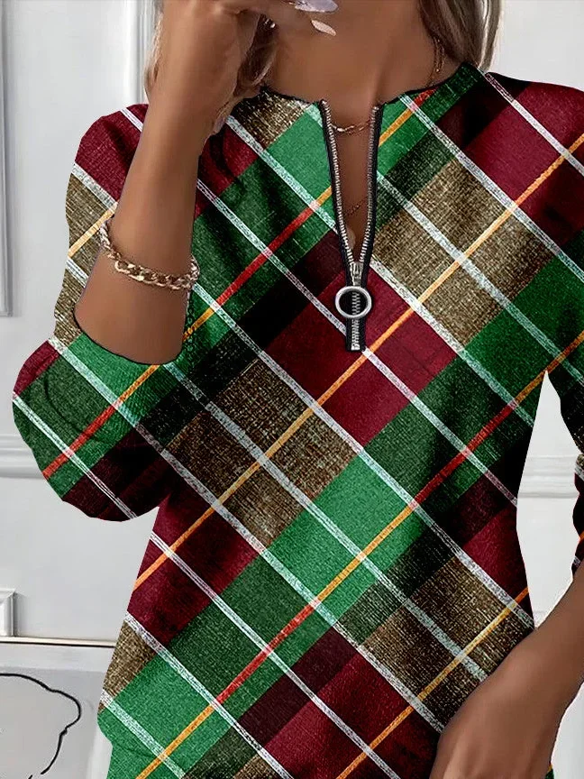 Women Plaid Crew Neck Printing Casual Spring/Fall Long Sleeve Sweatshirt