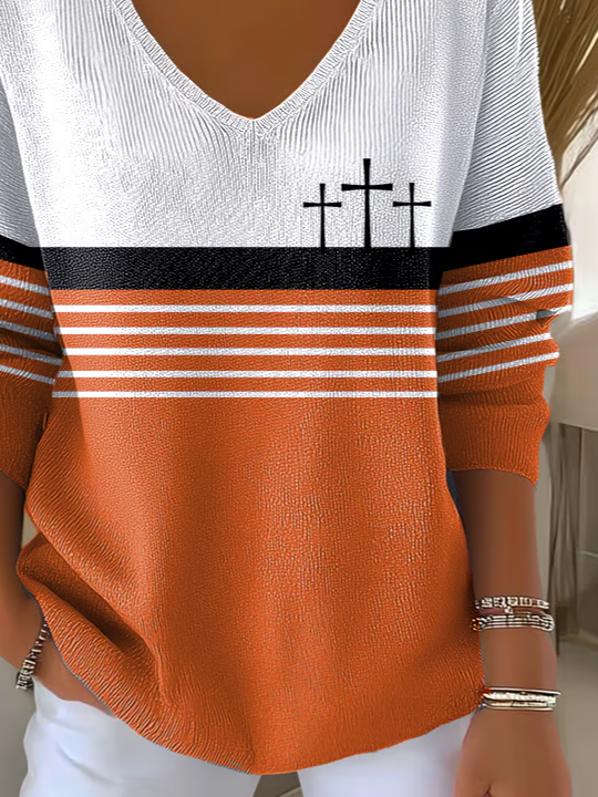 Women Multicolor Block Long Sleeve Tee T-shirt V Neck Printing Casual Spring/Fall Top