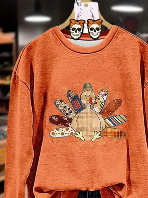 Women Turkey Crew Neck Printing Casual Spring/Fall Long Sleeve Sweatshirt