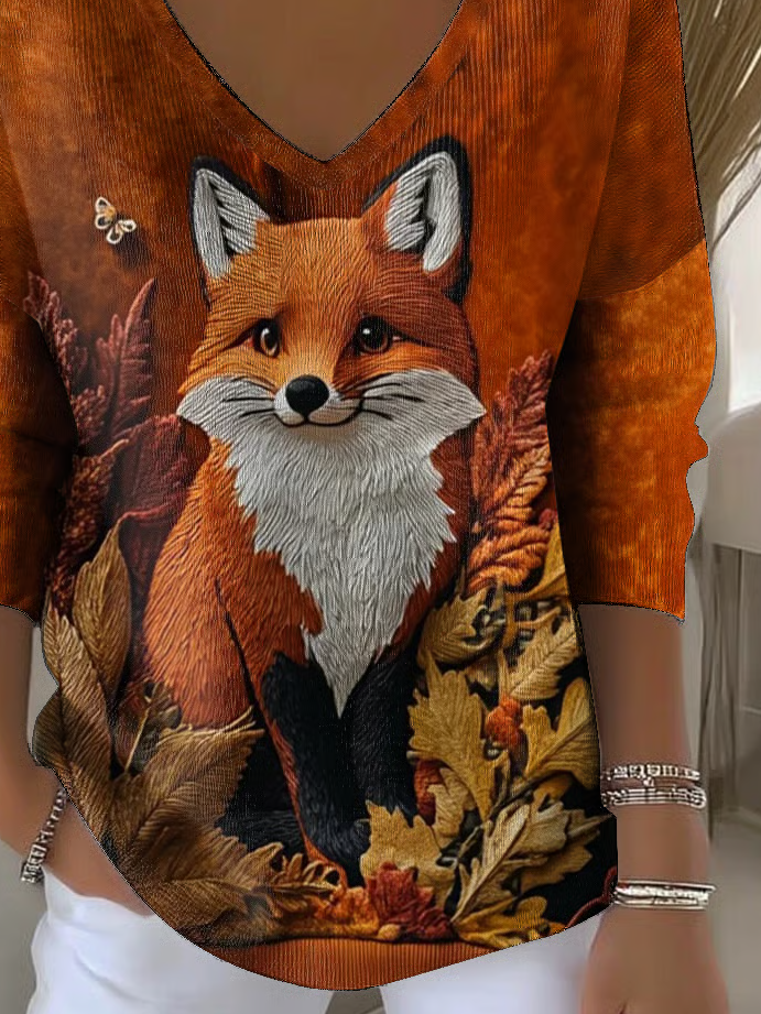 Women Animal Long Sleeve Tee T-shirt V Neck Printing Casual Spring/Fall Top