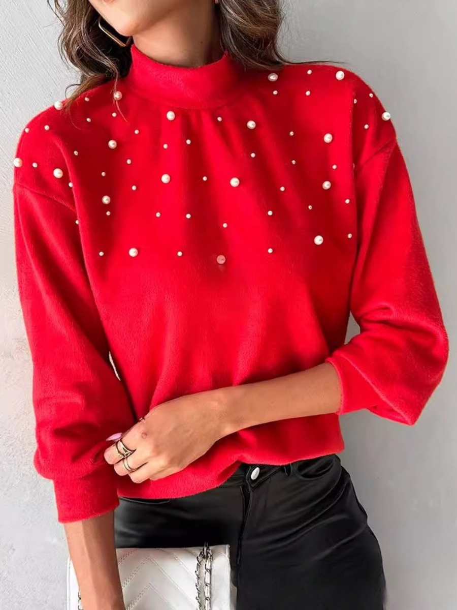 Women Plain Beaded Winter Street Long Sleeve Crew Neck Sweater