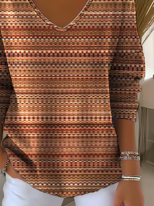 Women Abstract Stripes Long Sleeve Tee T-shirt V Neck Printing Casual Spring/Fall Top