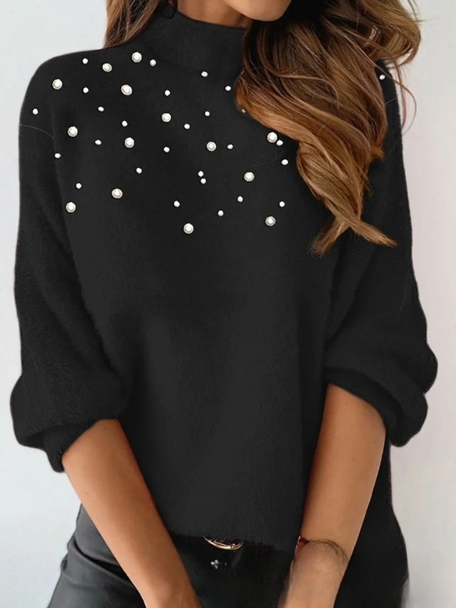 Women Plain Beaded Winter Street Long Sleeve Crew Neck Sweater