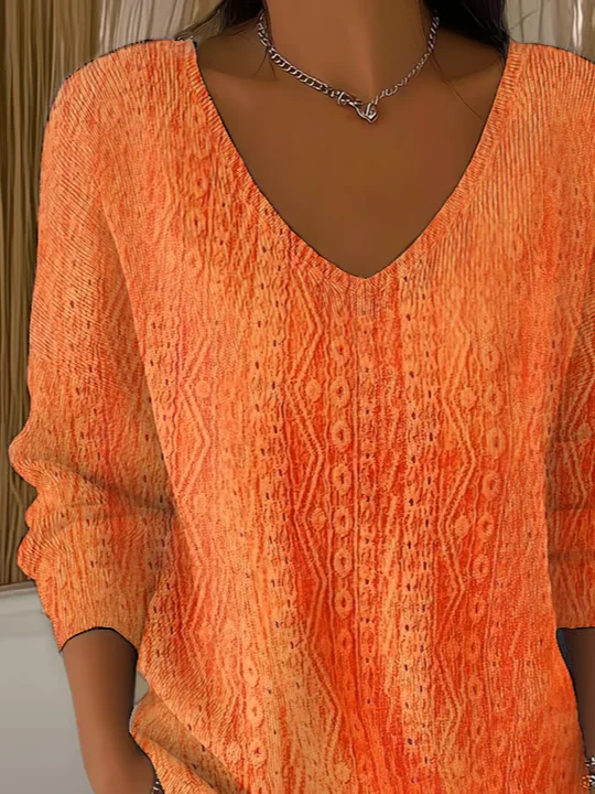 Women Abstract Long Sleeve Tee T-shirt V Neck Printing Casual Spring/Fall Top