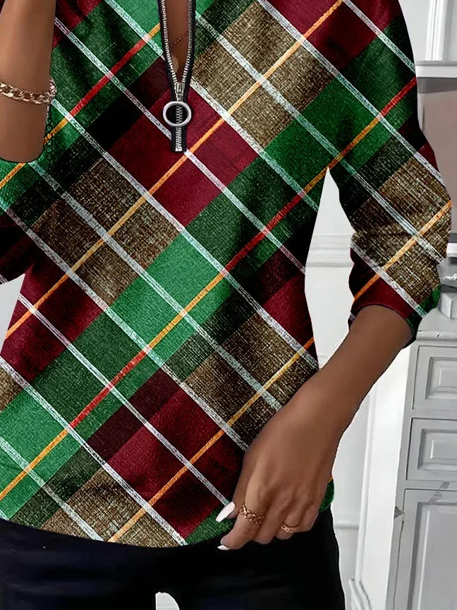 Women Plaid Crew Neck Printing Casual Spring/Fall Long Sleeve Sweatshirt