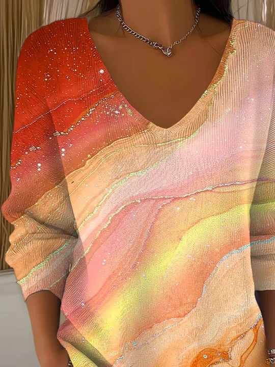 Women Abstract Long Sleeve Tee T-shirt V Neck Printing Casual Spring/Fall Top