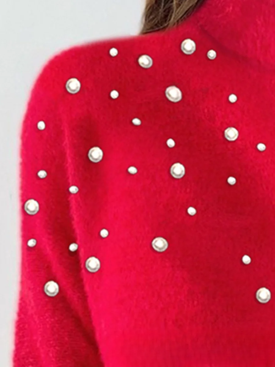 Women Plain Beaded Winter Street Long Sleeve Crew Neck Sweater