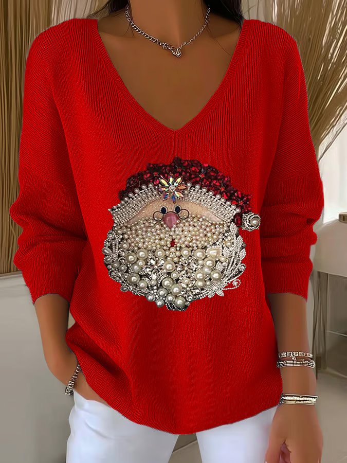 Women Santa Claus Long Sleeve Tee T-shirt V Neck Printing Casual Spring/Fall Top