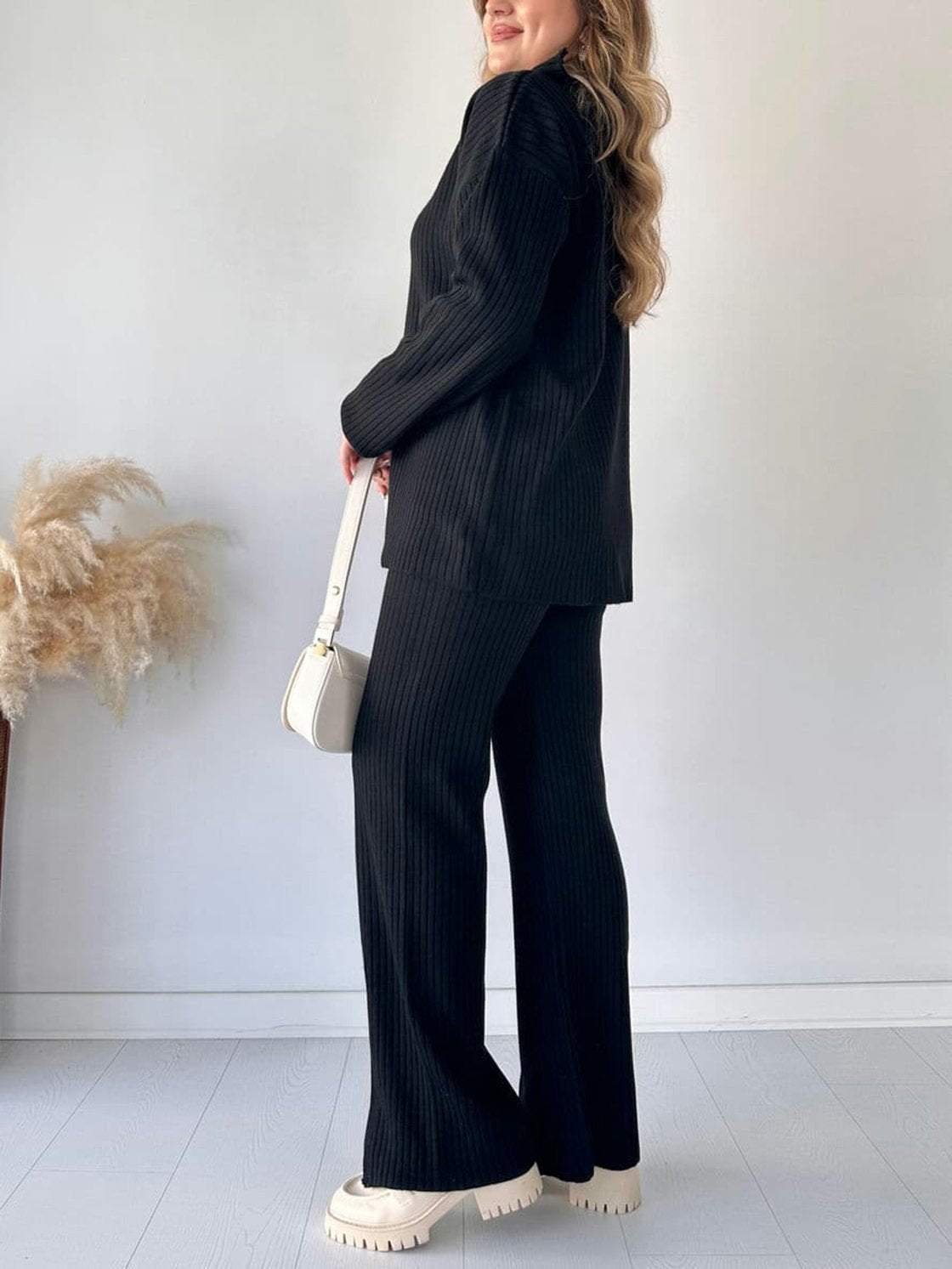 Women Plain Split Joint Two-Piece Set Daily Long Sleeve Casual Spring/Fall Top With Pants Matching Set
