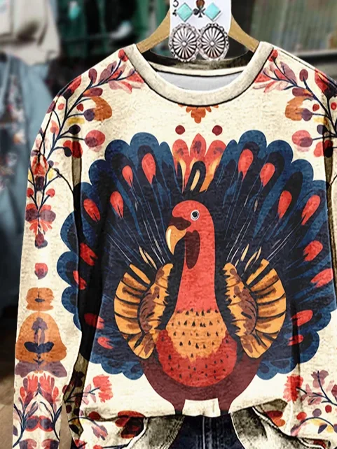 Women Turkey Crew Neck Printing Casual Spring/Fall Long Sleeve Sweatshirt