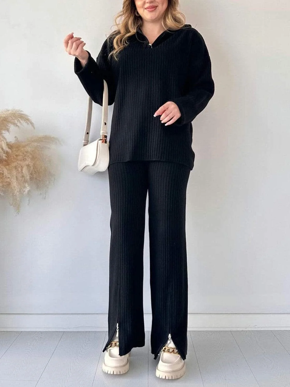Women Plain Split Joint Two-Piece Set Daily Long Sleeve Casual Spring/Fall Top With Pants Matching Set