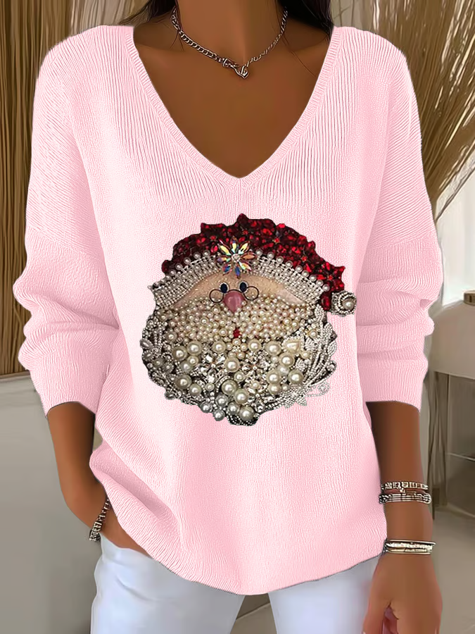 Women Santa Claus Long Sleeve Tee T-shirt V Neck Printing Casual Spring/Fall Top