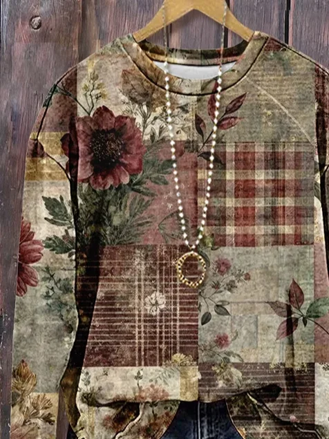 Women Floral Crew Neck Printing Casual Spring/Fall Long Sleeve Sweatshirt