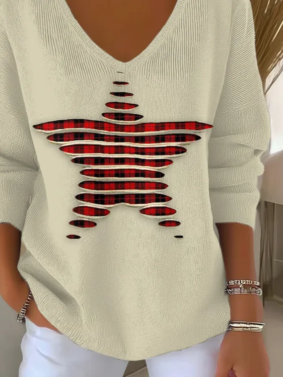 Women Plaid Long Sleeve Tee T-shirt V Neck Printing Casual Spring/Fall Top