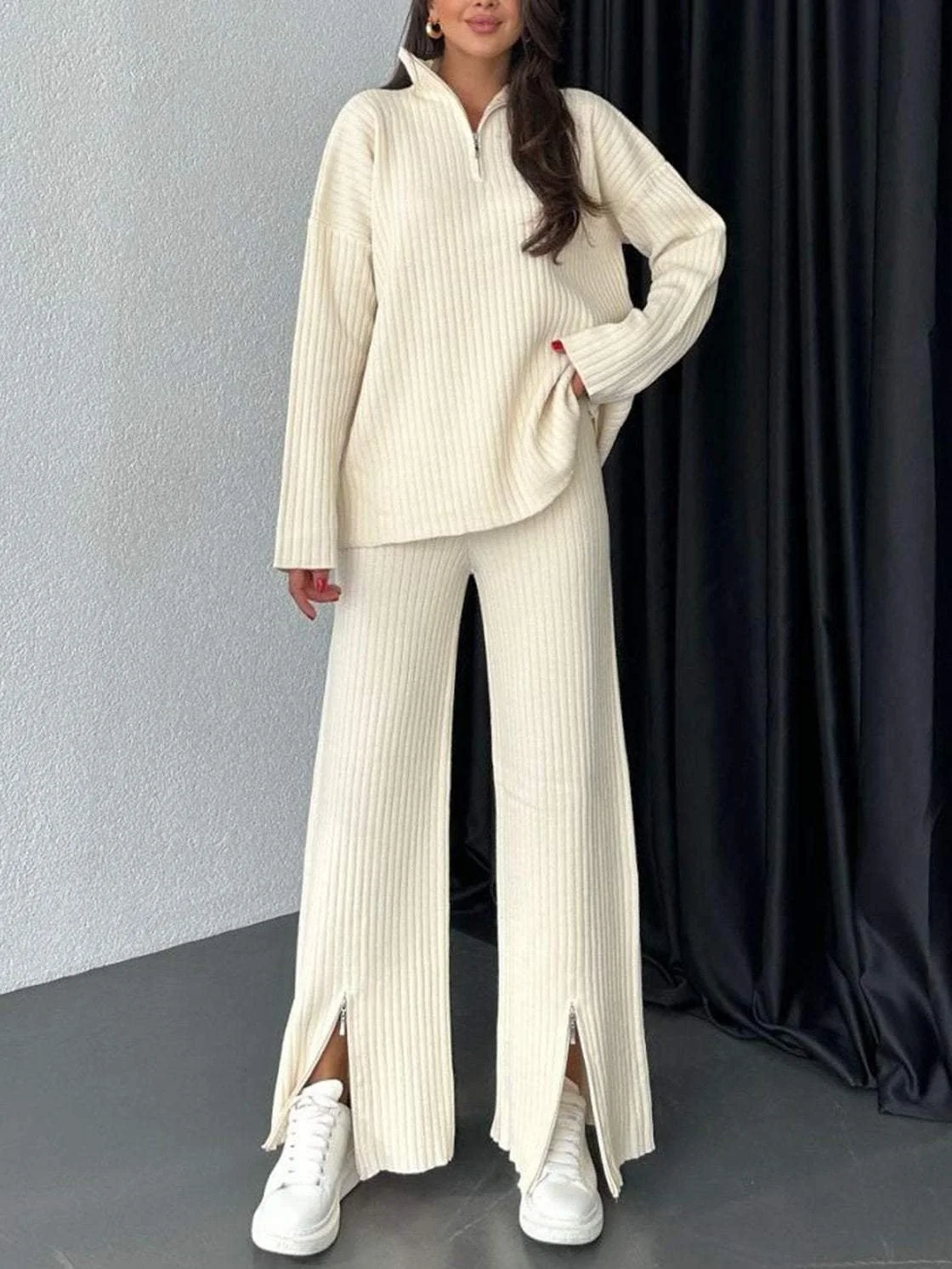 Women Plain Split Joint Two-Piece Set Daily Long Sleeve Casual Spring/Fall Top With Pants Matching Set
