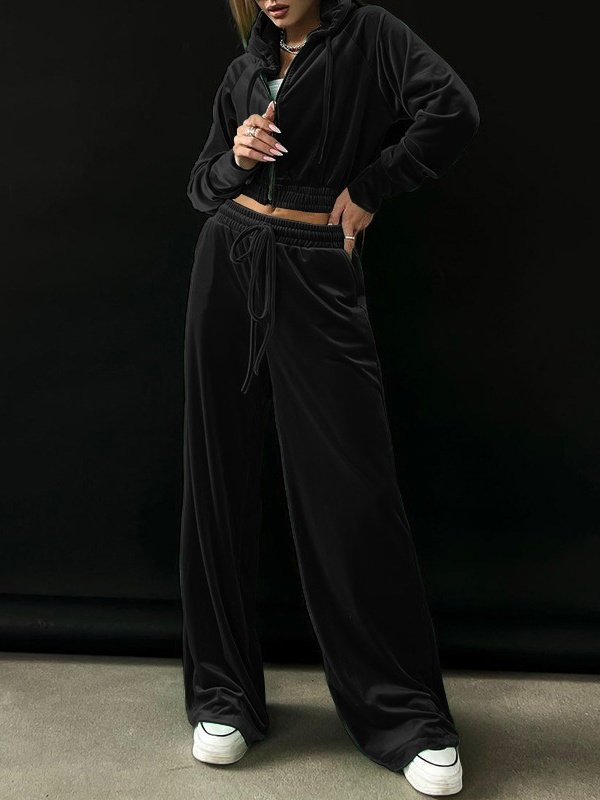 Women Plain Split Joint Two-Piece Set Daily Long Sleeve Casual Spring/Fall Top With Pants Matching Set
