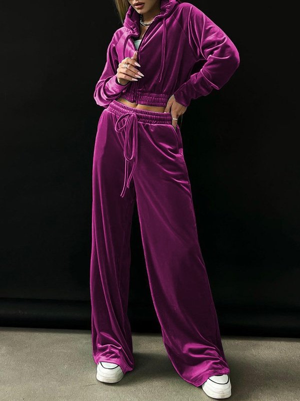 Women Plain Split Joint Two-Piece Set Daily Long Sleeve Casual Spring/Fall Top With Pants Matching Set