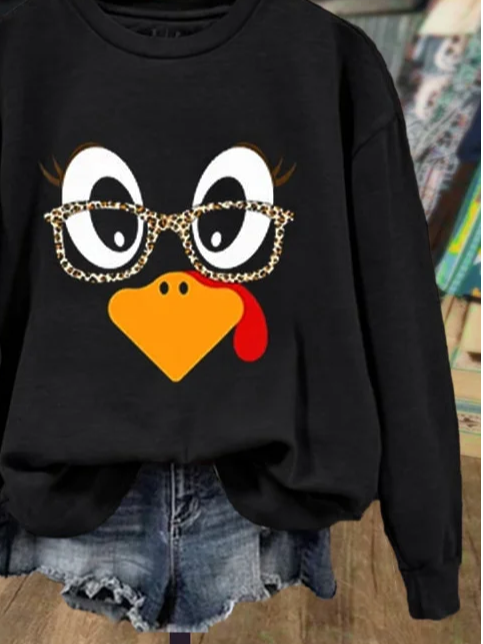 Women Turkey Crew Neck Printing Casual Spring/Fall Long Sleeve Sweatshirt
