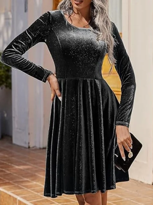 Women Plain Short Sleeve Summer Split Joint Dress Crew Neck Party Vintage Midi Party Dress A-Line Dress