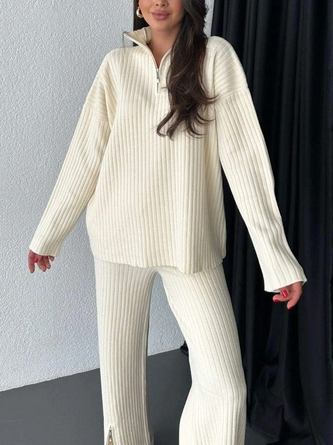 Women Plain Split Joint Two-Piece Set Daily Long Sleeve Casual Spring/Fall Top With Pants Matching Set