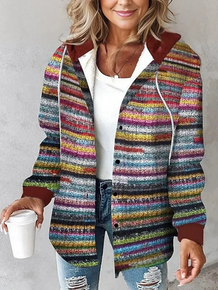 Women Spring/Fall Outerwear Vintage Printing Striped Long Sleeve Stand Collar Jacket
