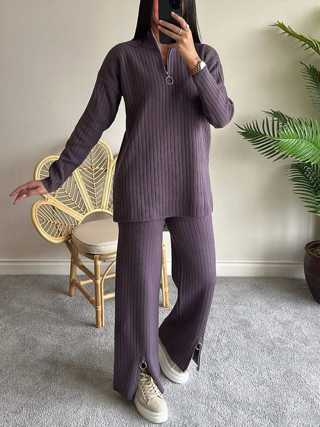 Women Plain Split Joint Two-Piece Set Daily Long Sleeve Casual Spring/Fall Top With Pants Matching Set