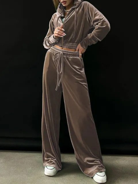 Women Plain Split Joint Two-Piece Set Daily Long Sleeve Casual Spring/Fall Top With Pants Matching Set