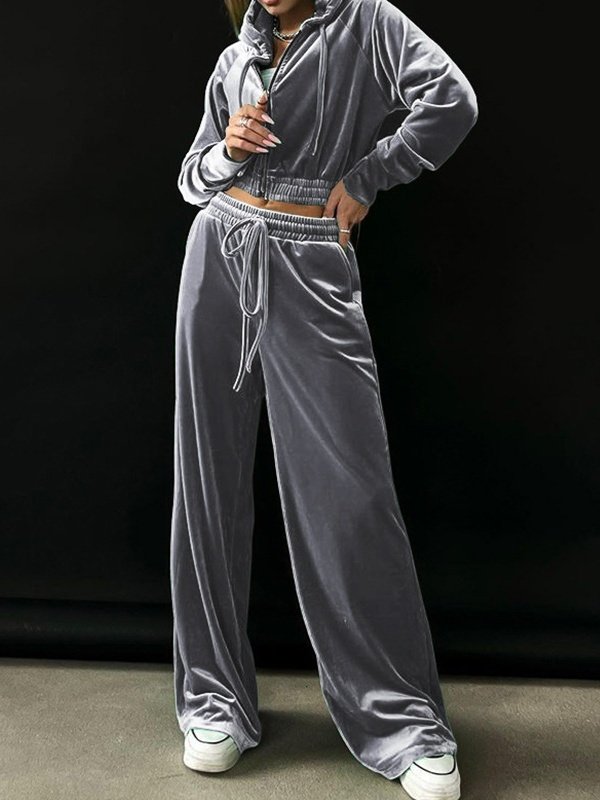 Women Plain Split Joint Two-Piece Set Daily Long Sleeve Casual Spring/Fall Top With Pants Matching Set