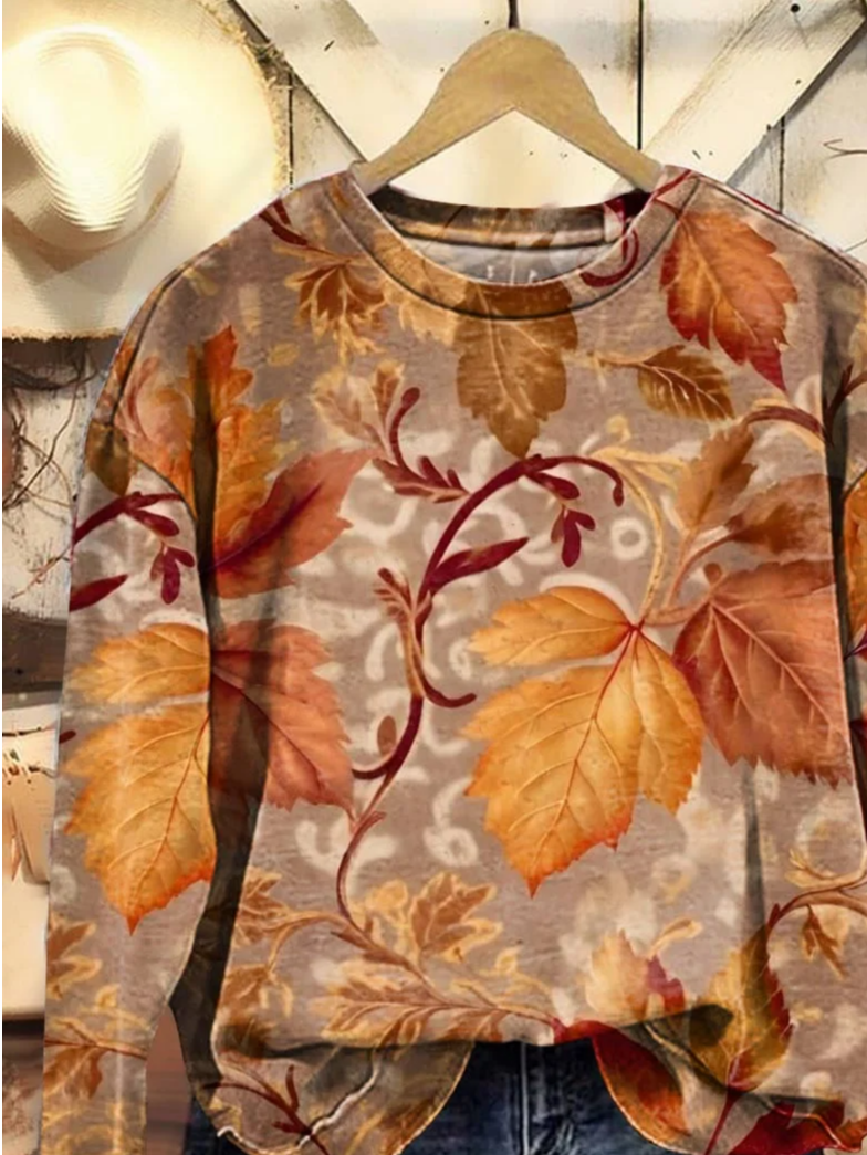 Women Maple Leaf Crew Neck Printing Casual Spring/Fall Long Sleeve Sweatshirt