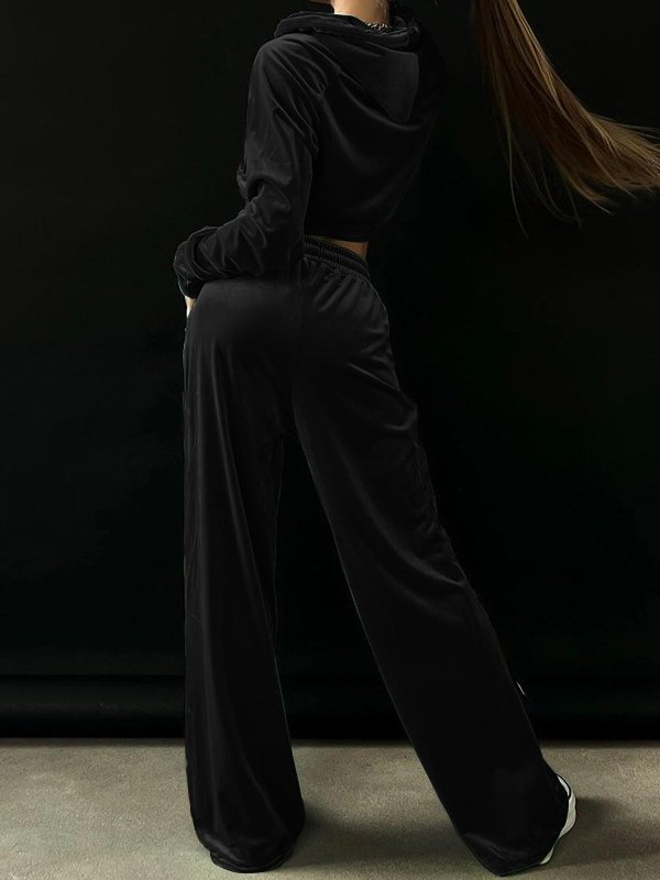 Women Plain Split Joint Two-Piece Set Daily Long Sleeve Casual Spring/Fall Top With Pants Matching Set