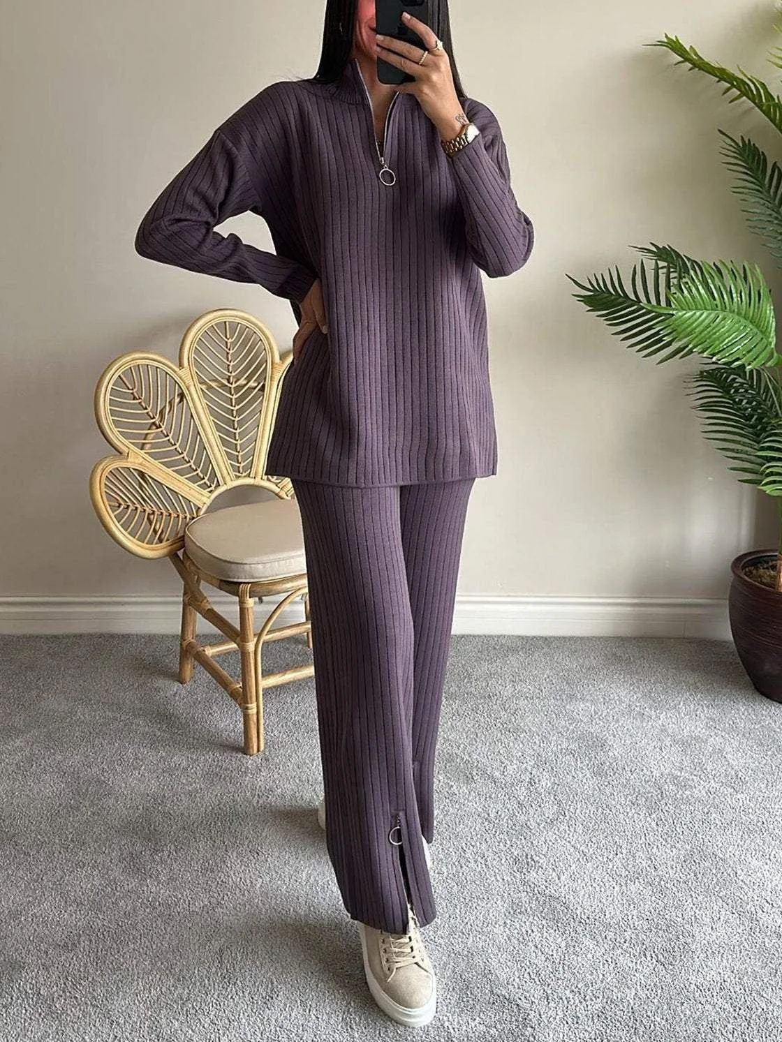 Women Plain Split Joint Two-Piece Set Daily Long Sleeve Casual Spring/Fall Top With Pants Matching Set