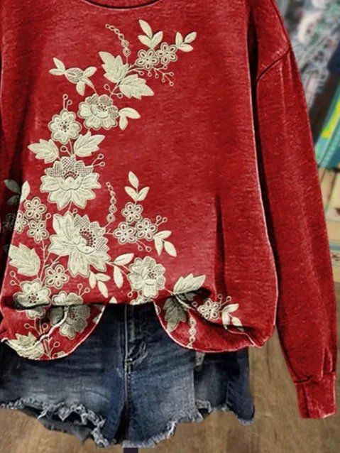 Women Floral Crew Neck Printing Casual Spring/Fall Long Sleeve Sweatshirt